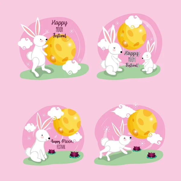 Rabbits happy moon festival vector illustration — Stock Vector