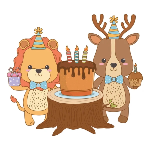 Ζώα κινούμενα σχέδια με ευτυχισμένο σχεδιασμό τούρτα γενεθλίων — Διανυσματικό Αρχείο