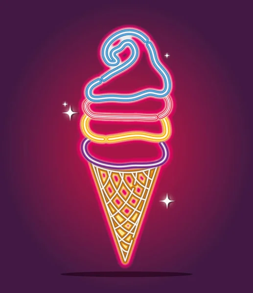 Ice cream neon sign decoration design — Stock Vector