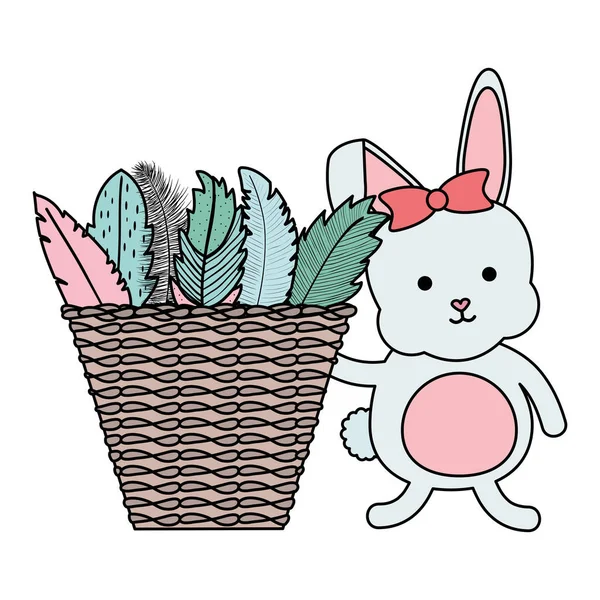 Cute little rabbit with basket straw and feathers — Stock Vector