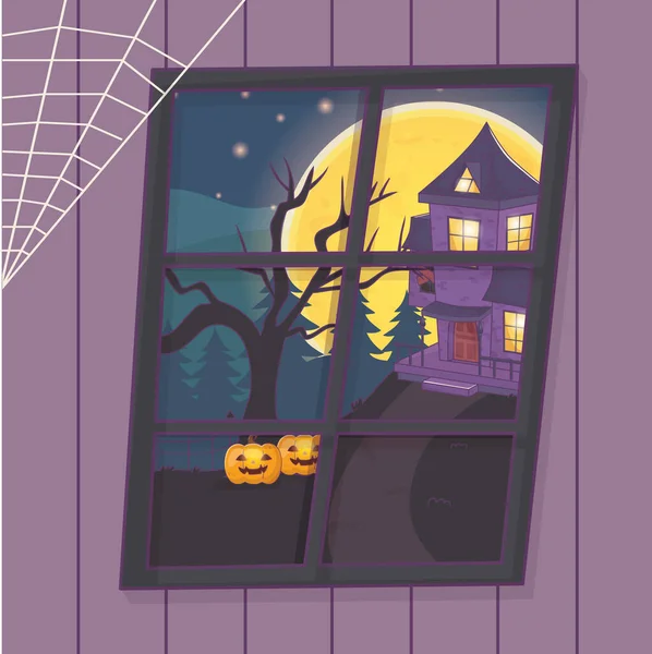 Вид из окна дома на страшный Хэллоуин — стоковый вектор