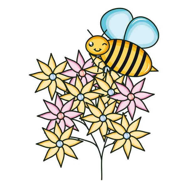 小さな蜂がかわいいキャラクターを飛んで花の庭 — ストックベクタ