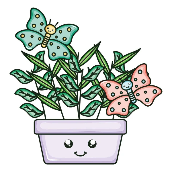 House plant in ceramic pot with butterflies kawaii style — Stock Vector