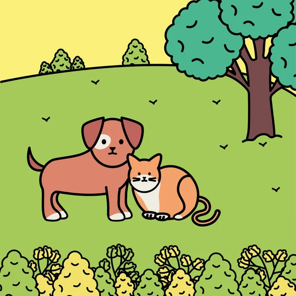 Cute cat and dog mascots in the landscape — Image vectorielle