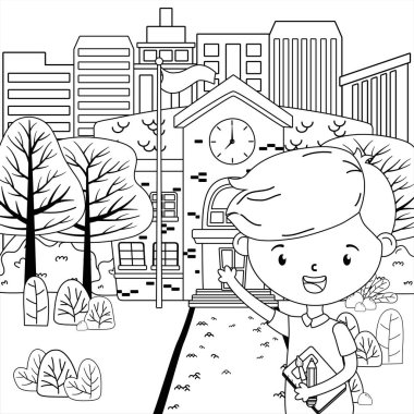 Okul binası ve çocuk karikatür tasarımı