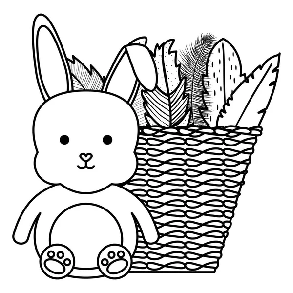 Petit lapin mignon avec paille de panier et plumes — Image vectorielle