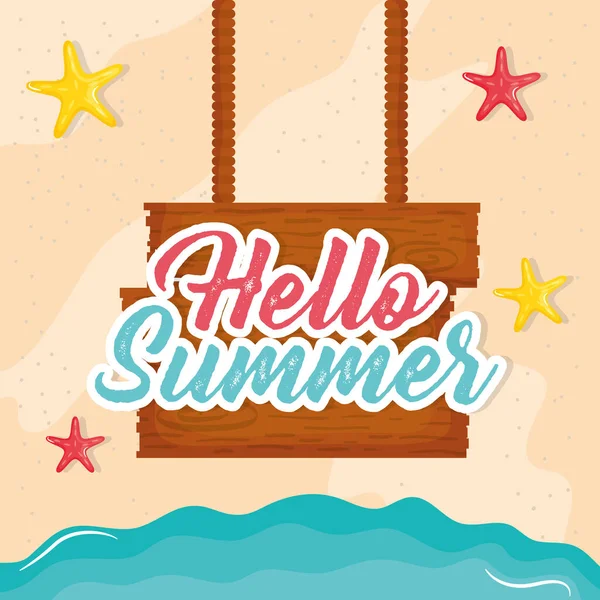 Hello summer poster with wooden label and icons — Vector de stock