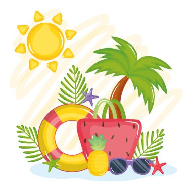 summer holiday poster with hand bag and icons