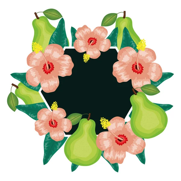 Verse peren vruchten met bloemen en bladeren frame — Stockvector
