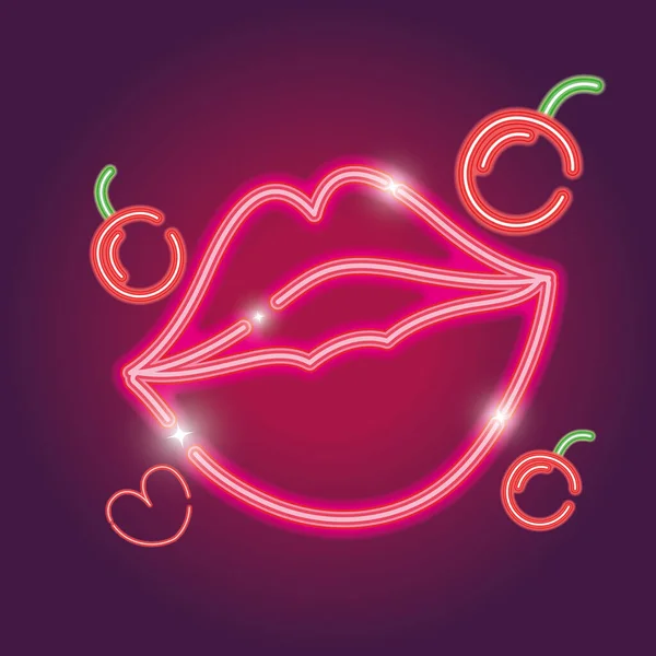 Mun med körsbär frukt neon ikoner dekoration tecken — Stock vektor
