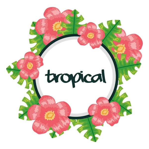 Tropikal çiçek ve yapraklı dairesel çerçeve — Stok Vektör