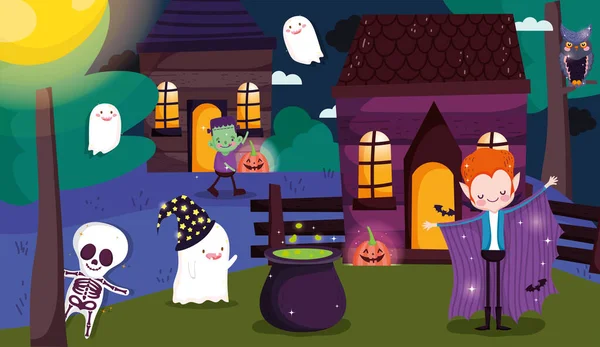 Děti kostým trik nebo zacházet šťastný Halloween — Stockový vektor