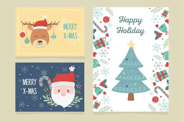 Banners árvore veado santa claus celebração feliz natal — Vetor de Stock