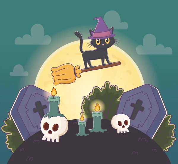 Летучая кошка с метлой на Хэллоуин — стоковый вектор