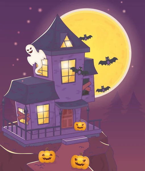 Casa com morcegos fantasmas e halloween abóbora — Vetor de Stock