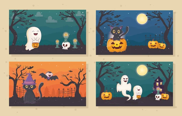 Banners ghost cat pumpkin lantern halloween — Stock Vector