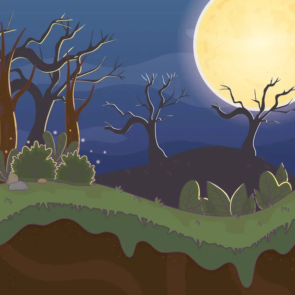 Trockene Bäume Nacht Mond Trick oder Leckerbissen, fröhliche halloween — Stockvektor