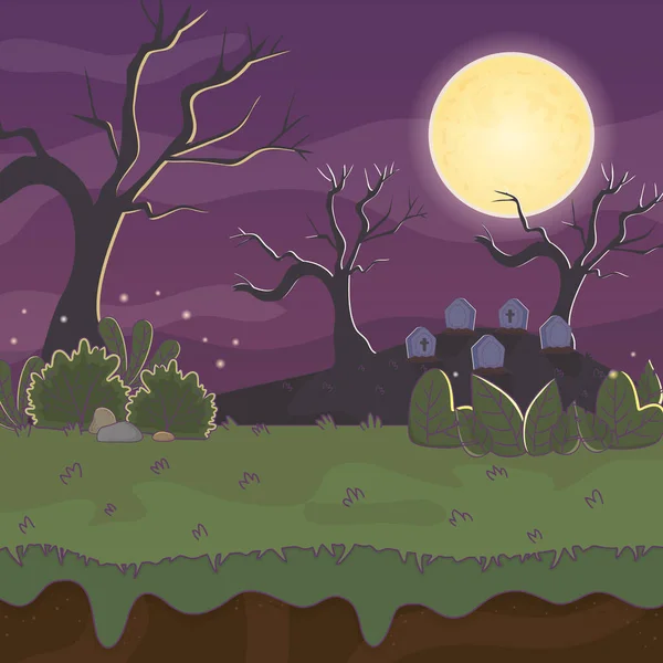 Temető sírkövek éjszakai hold trükk vagy csíny, boldog halloween — Stock Vector