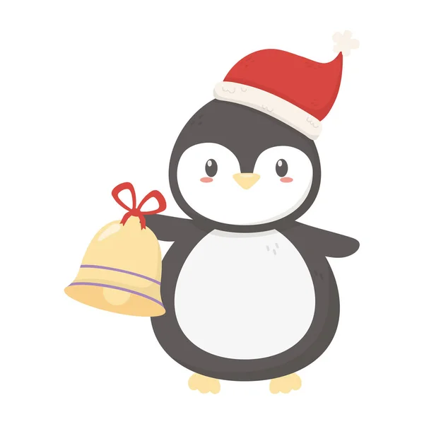 Симпатичный пингвин в шляпе и колокольчике весело празднует Новый год — стоковый вектор