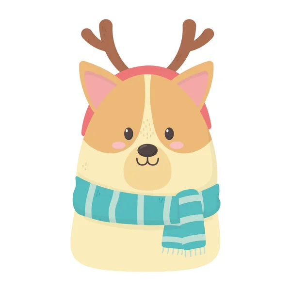Niedlichen Hundeschal und Hörner Feier frohe Weihnachten — Stockvektor