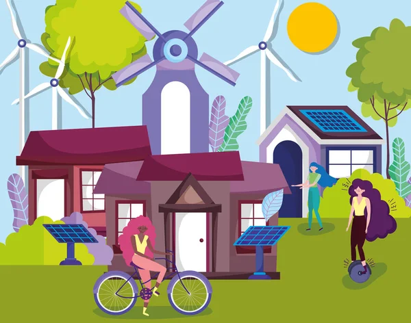 Femmes avec vélo monocycle panneau solaire turbine éolienne maisons campagne écologie — Image vectorielle