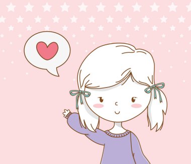 Konuşma balonu ve kalp mesajı olan küçük güzel bir kız.