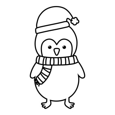 Şapkası ve atkısı olan penguen mutlu noel sırasını kutluyor.