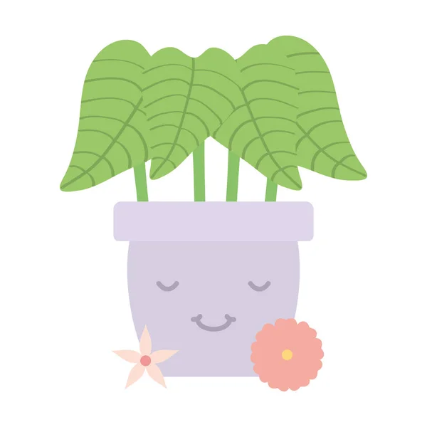 House plant in ceramic pot with flowers kawaii character — Vector de stock