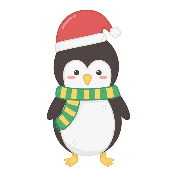 Penguin with hat and scarf celebration merry christmas — стоковый вектор