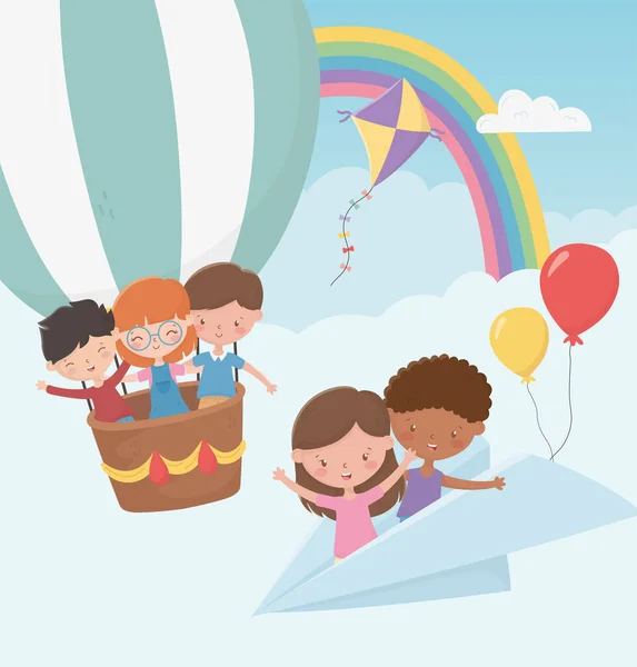 Feliz dia das crianças, crianças voando com avião de papel e balão de ar quente —  Vetores de Stock