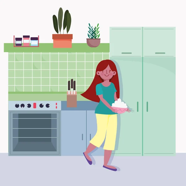Люди готовят, девушка держит миску со сливками на кухне — стоковый вектор