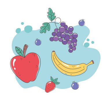 sağlıklı besin diyeti taze meyve, muz, çilek ve üzüm.