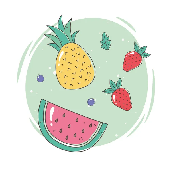 Alimentación saludable dieta frutas frescas piña sandía y fresas — Vector de stock