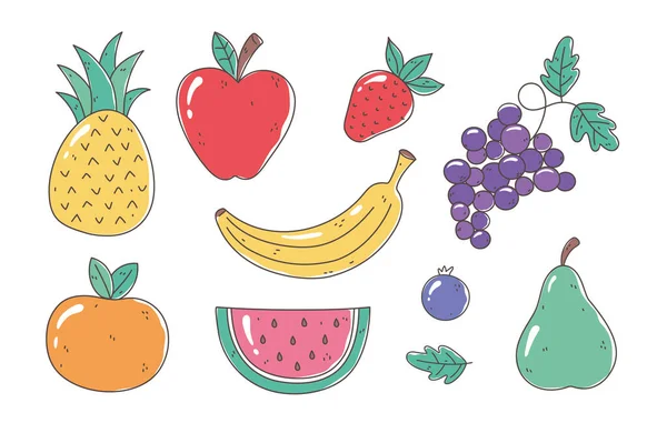 Alimentación saludable nutrición frutas ecológicas piña fresca plátano uvas sandía pera naranja iconos — Vector de stock