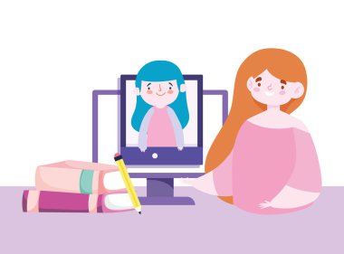 Çevrimiçi eğitim öğretmeni akıllı telefon bilgisayarı ve kitap yığını