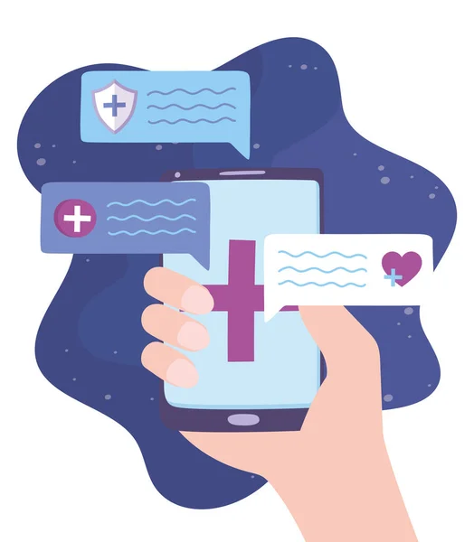 Telemedicin, hand med smartphone-chattande konsultation, medicinsk behandling och hälso- och sjukvård online — Stock vektor