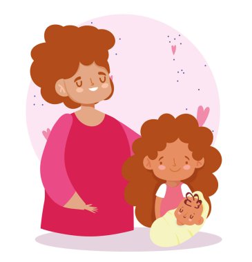 Anne ve kızı birlikte bebek taşıyorlar, aile günü.