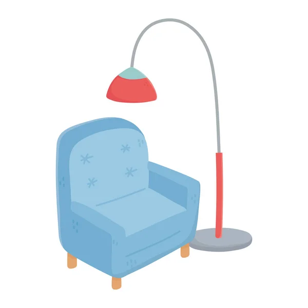 Tatlı ev mavi koltuk ve zemin lambası tasarımı izole edilmiş tasarım — Stok Vektör