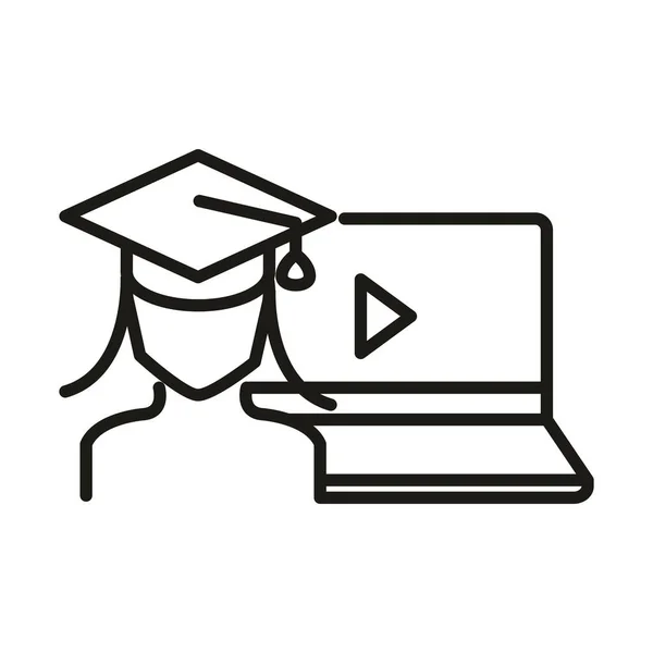 Laptop studente donna laurea on-line l'istruzione e lo sviluppo elearning linea stile icona — Vettoriale Stock