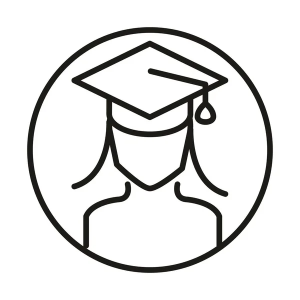 Kvinnlig student med examen hatt online utbildning och utveckling elärande linje stil ikon — Stock vektor