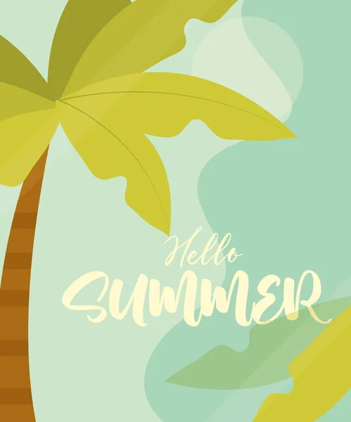 Hello summer banner, palm tree tropical season vacations travel concept — Stock Vector
