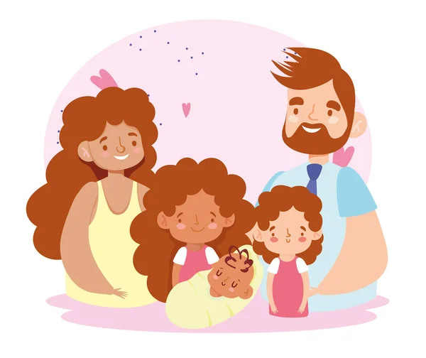 Pai mãe filhas e personagens do bebê desenhos animados, dia da família —  Vetores de Stock