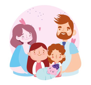 Baba, anne, kız ve bebek birlikte duygu, aile günü.