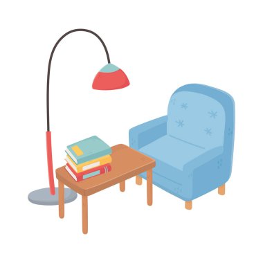 Güzel ev koltuğu kitap yığını Saksı çiçeği lambası