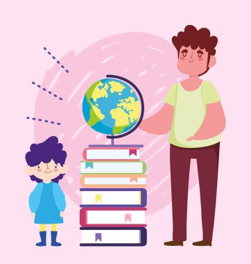 Çevrimiçi eğitim öğretmeni ve okul dünyası ve kitapları olan öğrenci çocuk.