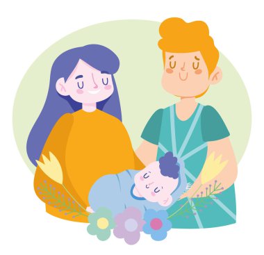 Anne ve baba çiçek taşıyan bir bebek taşıyor, aile günü.