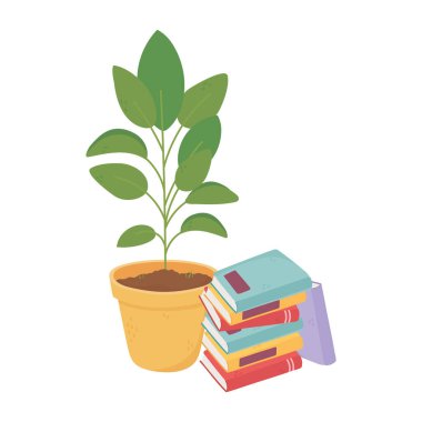 tatlı ev kitapları ve saksı bitkisi dekorasyonu izole edilmiş tasarım