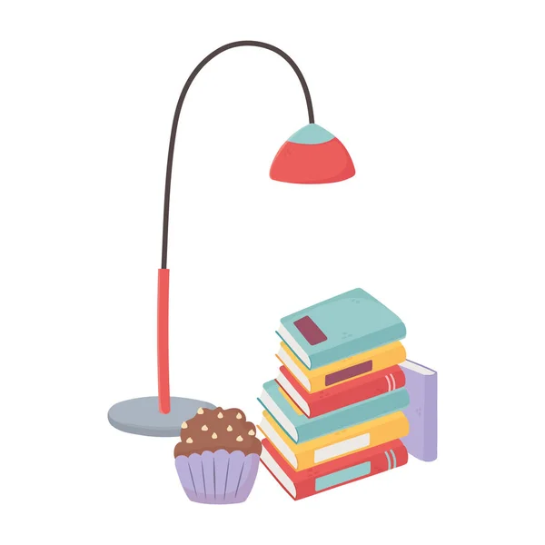 Γλυκό σπίτι στοίβα από βιβλία Φωτιστικό δαπέδου cupcake απομονωμένο σχεδιασμό — Διανυσματικό Αρχείο