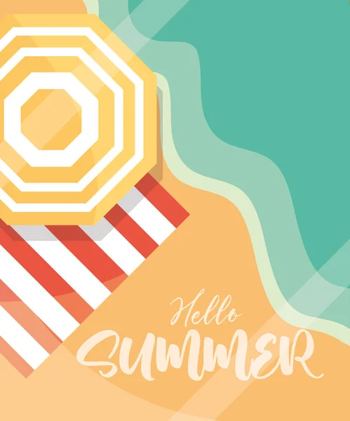 Hello sommar banner, paraply handduk strand säsong semester resor koncept — Stock vektor