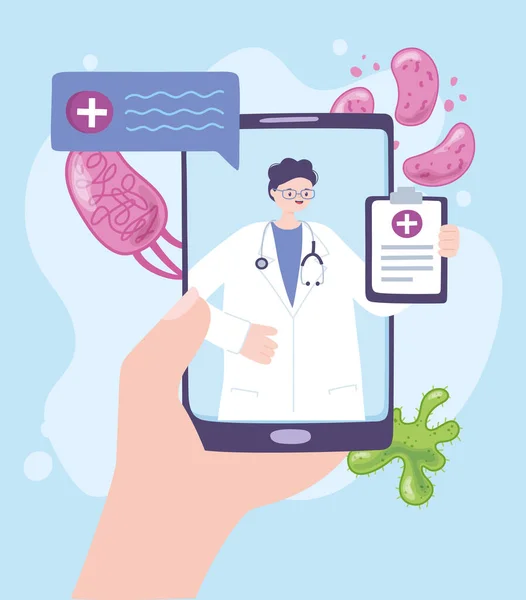 Telemedicina, mão com smartphone vídeo chat médico, tratamento médico e serviços de saúde on-line —  Vetores de Stock